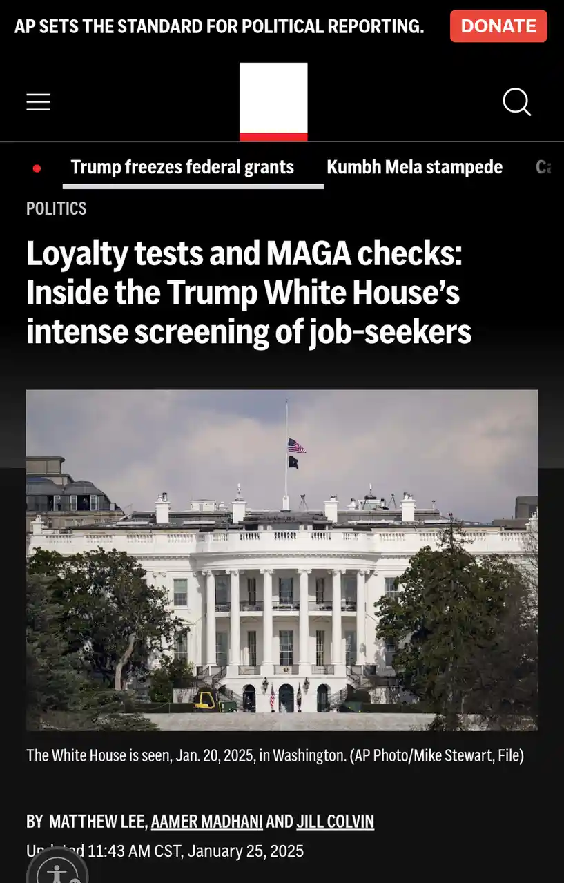 An AP News article screenshot shows a headline about 'loyalty tests and MAGA checks' at the Trump White House, overlaid on a…