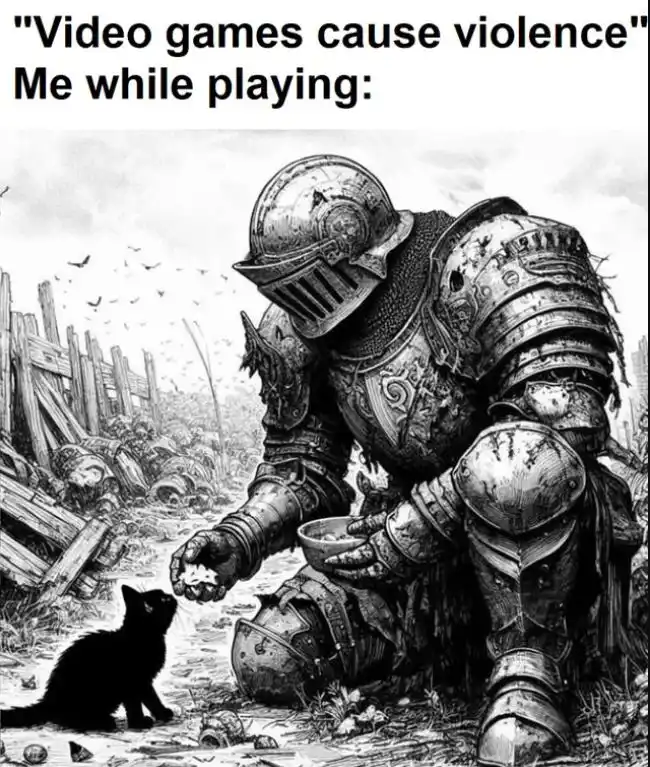 A black-and-white illustration shows a heavily armored knight kneeling in a war-torn field, offering food from a bowl to a…