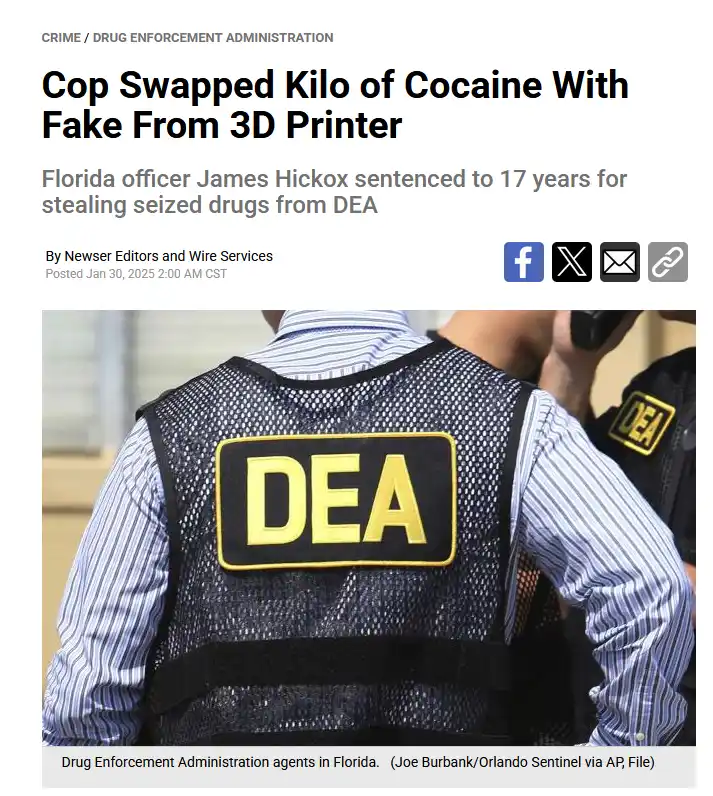 A news article screenshot shows a DEA agent from behind, wearing a black mesh vest with a yellow 'DEA' patch. The headline…