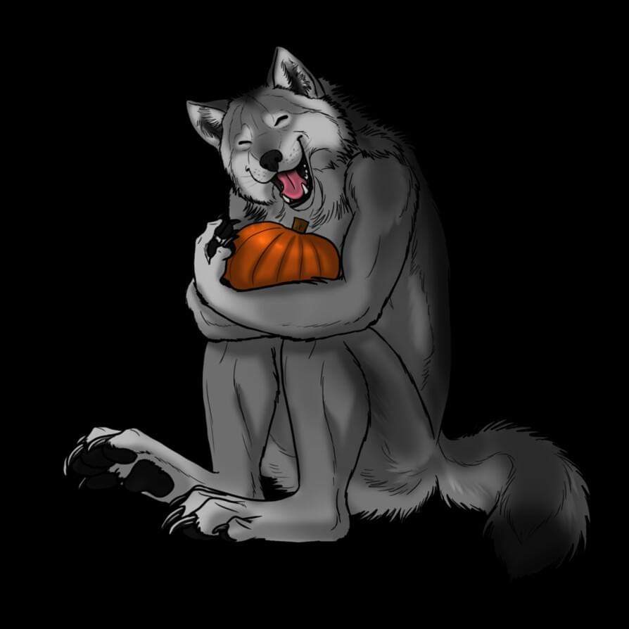 A cartoon wolf with grey fur is sitting against a black background, hugging an orange pumpkin with both arms and smiling…