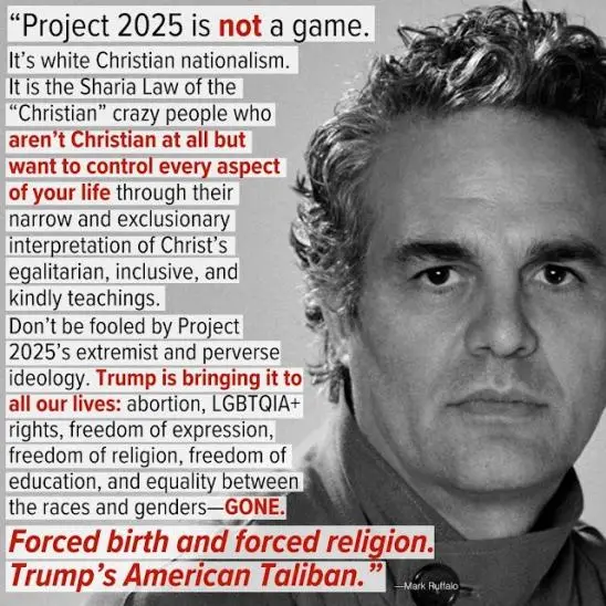 A black-and-white photo of a man with a serious expression, overlaid with a block of text that reads: 'Project 2025 is not a…