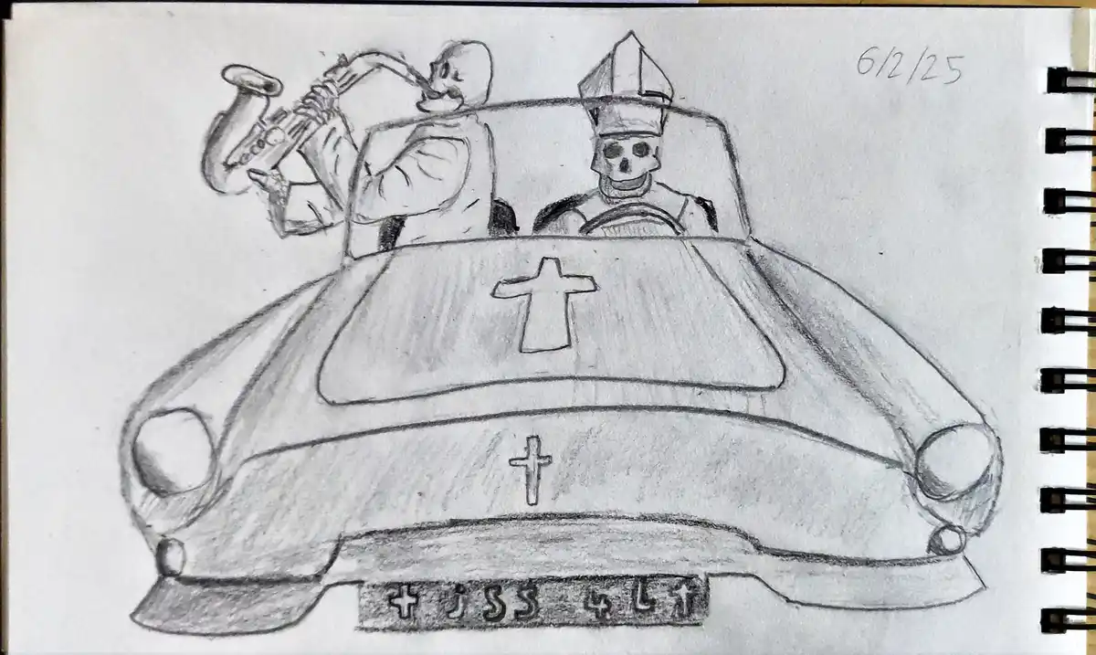 A pencil sketch of a vintage car with a cross on the hood and bumper, driven by a skeleton wearing a bishop's mitre. A…