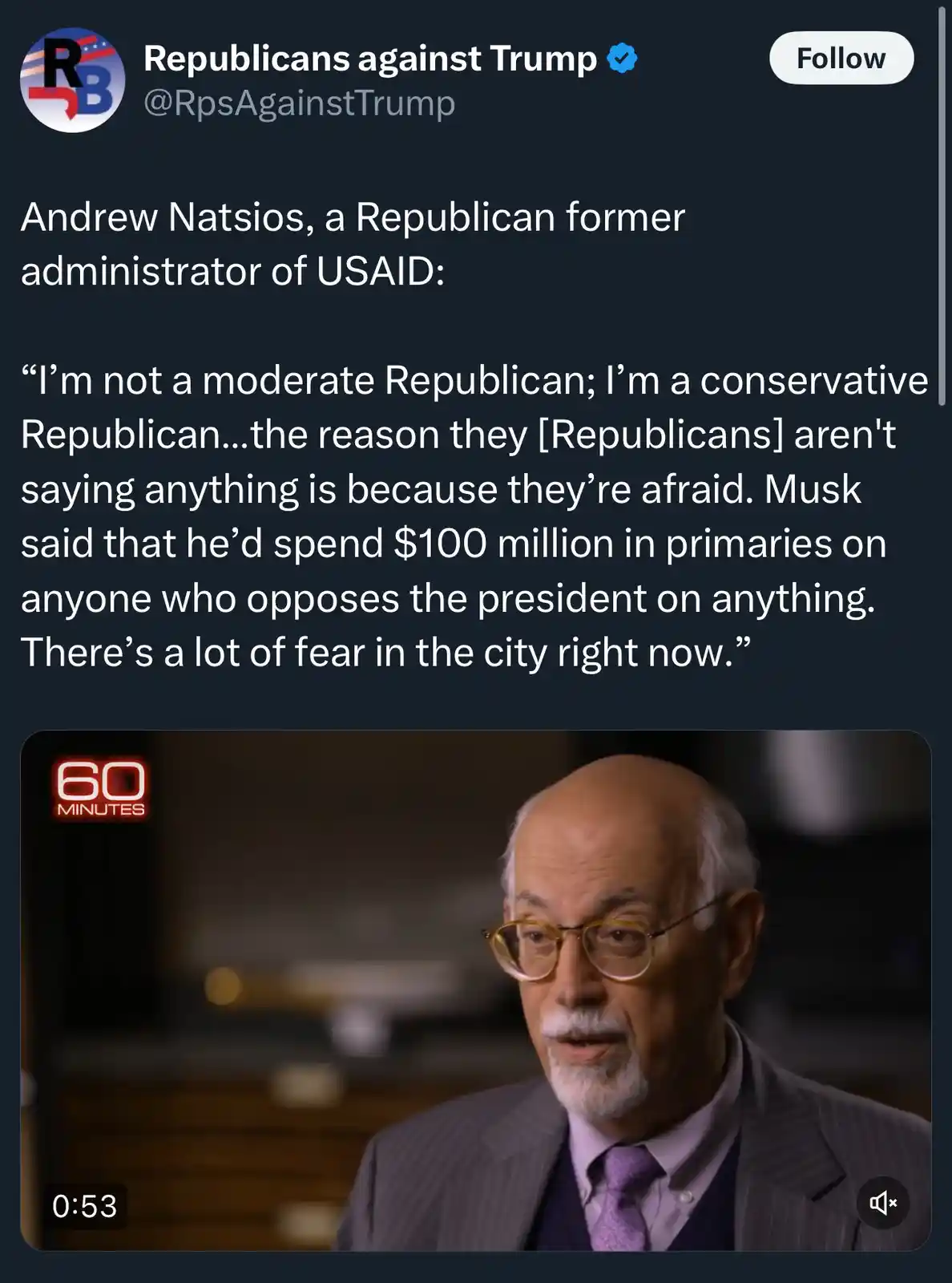 A screenshot of a tweet from 'Republicans against Trump' featuring a video clip of Andrew Natsios, a former USAID…