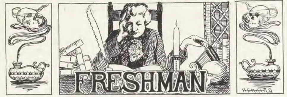 A vintage black-and-white illustration shows a weary-looking woman in period clothing sitting at a desk surrounded by books…