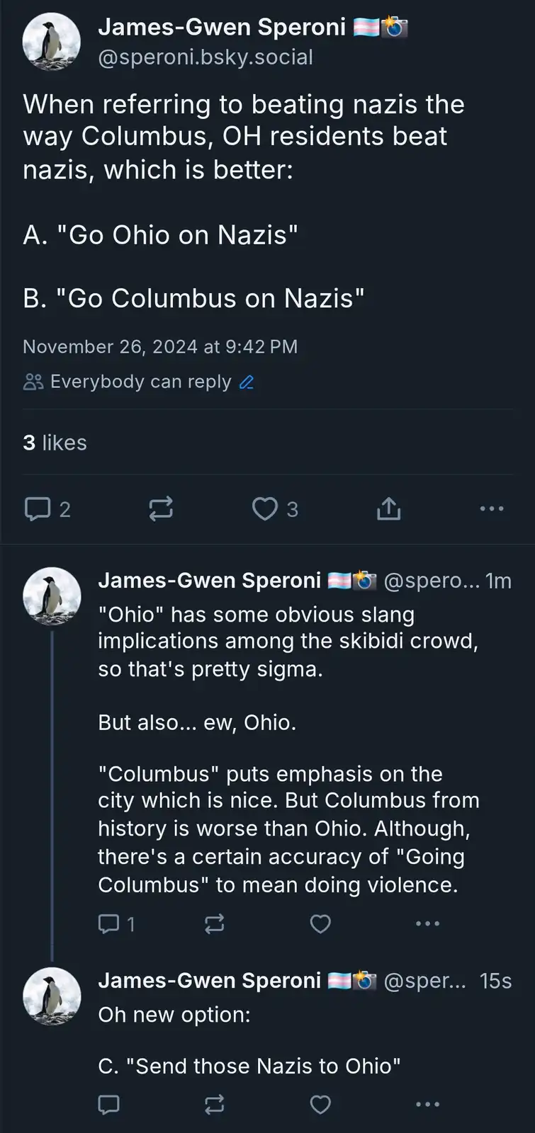 A social media post by James-Gwen Speroni presents a humorous poll asking which phrase is better for describing violent…