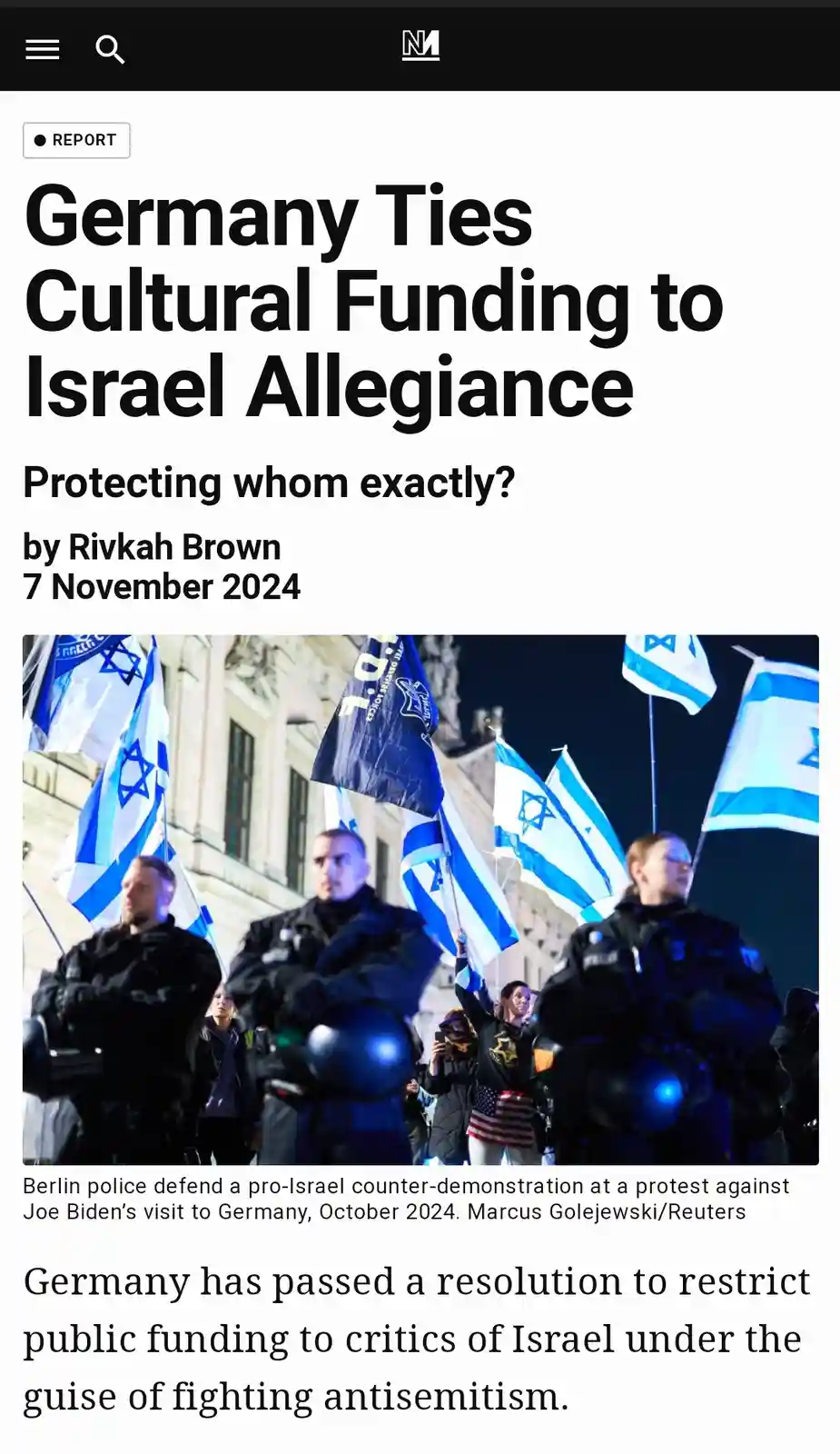 A screenshot of a news article titled 'Germany Ties Cultural Funding to Israel Allegiance' with a photo of police officers…