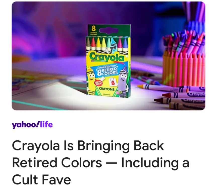 A close-up photo shows a Crayola box labeled 'Limited Edition 8 Retired Colors' with cartoon crayons on the packaging. The…