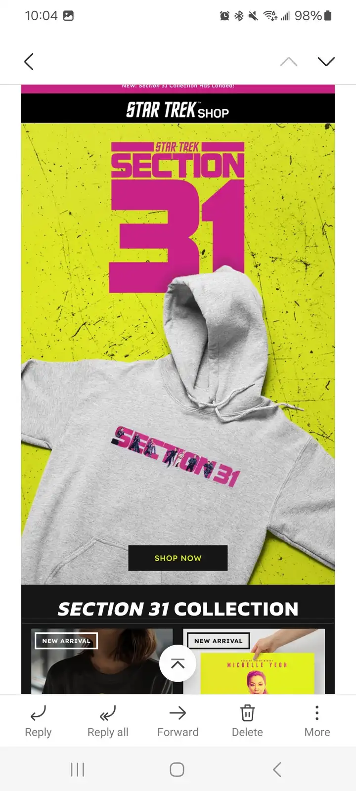 An advertisement for the Star Trek Section 31 collection shows a gray hoodie with the 'Section 31' logo featuring…