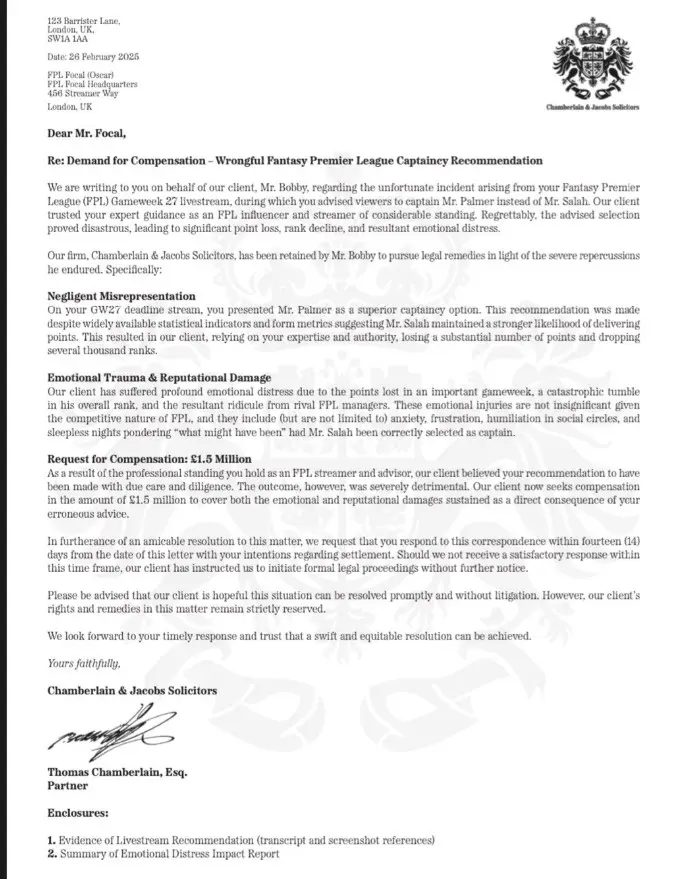 A mock legal letter from 'Chamberlain & Jacobs Solicitors' to 'Mr. Focal' demanding £1.5 million compensation for 'wrongful…