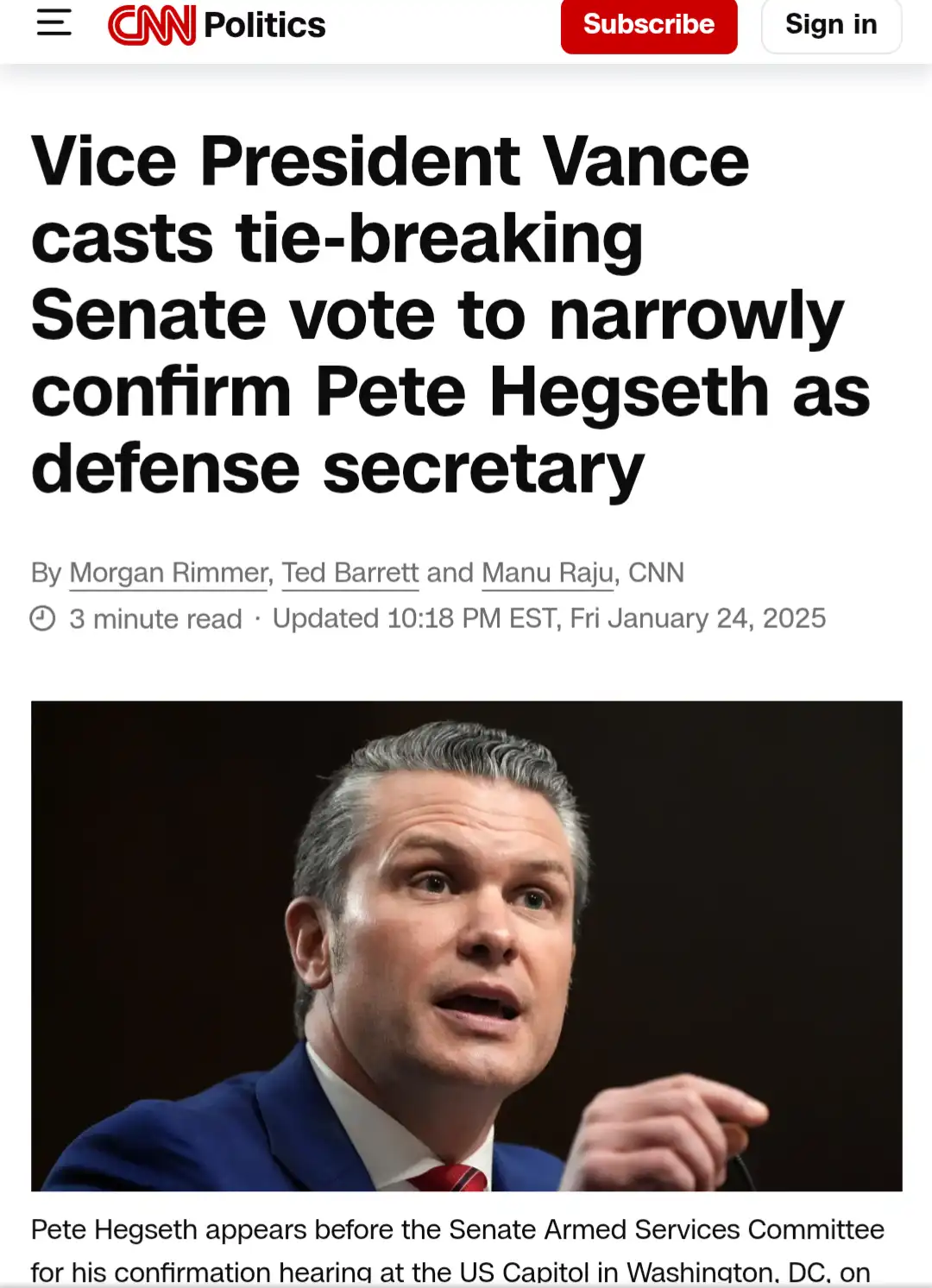 A screenshot of a CNN Politics article headline reads 'Vice President Vance casts tie-breaking Senate vote to narrowly…