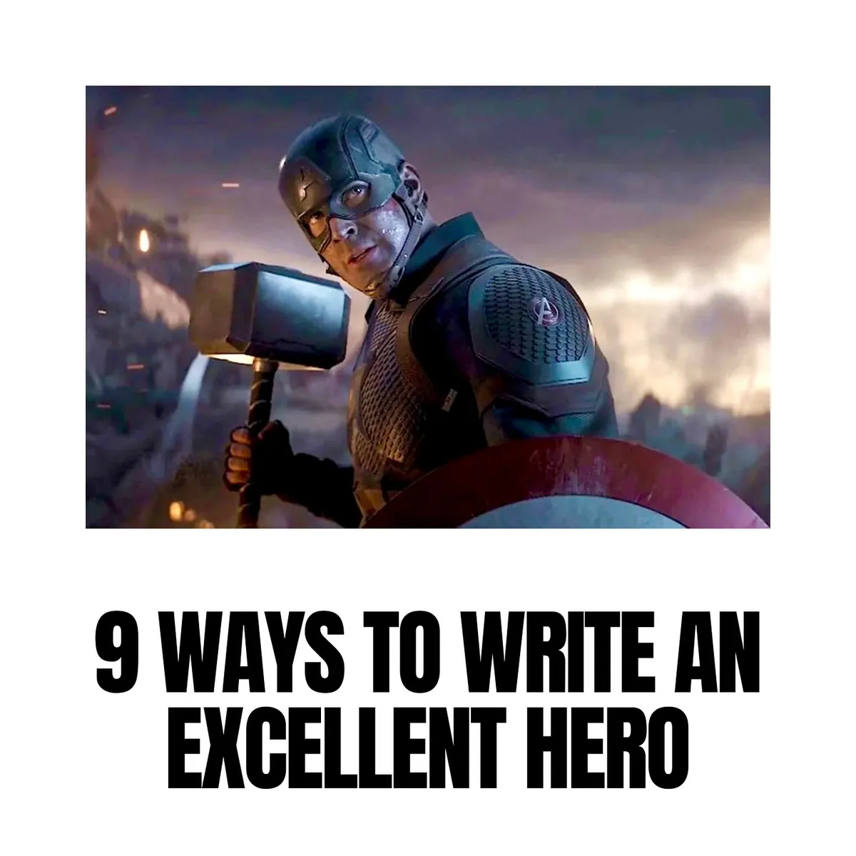 A still image of Captain America from the Marvel Cinematic Universe, holding Thor's hammer Mjolnir in one hand and his…