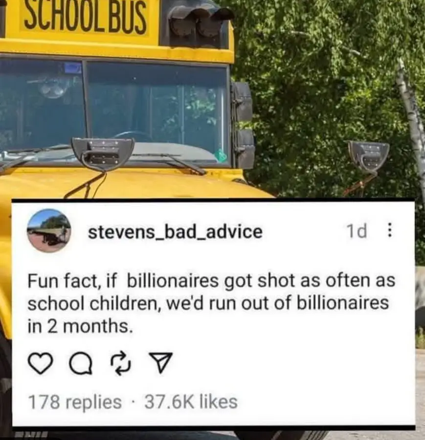 A yellow school bus is pictured with a social media post overlay. The post, from user 'stevens_bad_advice', reads: 'Fun…