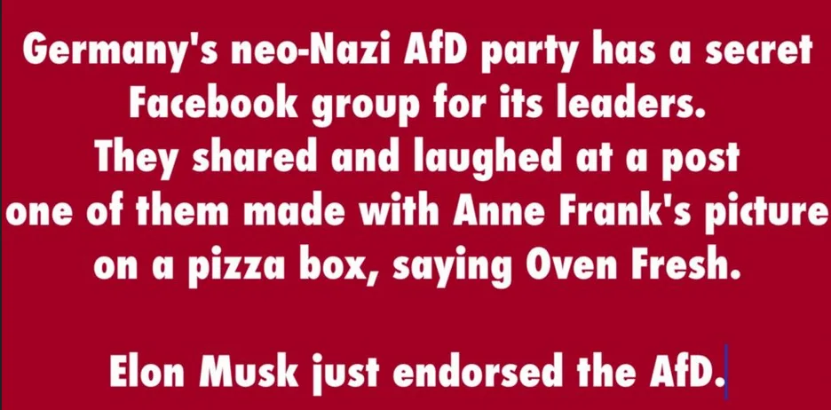 A solid red background displays white text describing a scandal involving Germany's AfD party, their secret Facebook group…