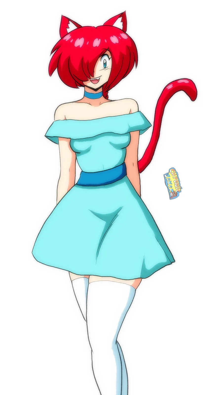 An anime-style illustration of a female character with red cat ears, a red tail, and short red hair, wearing a light blue…