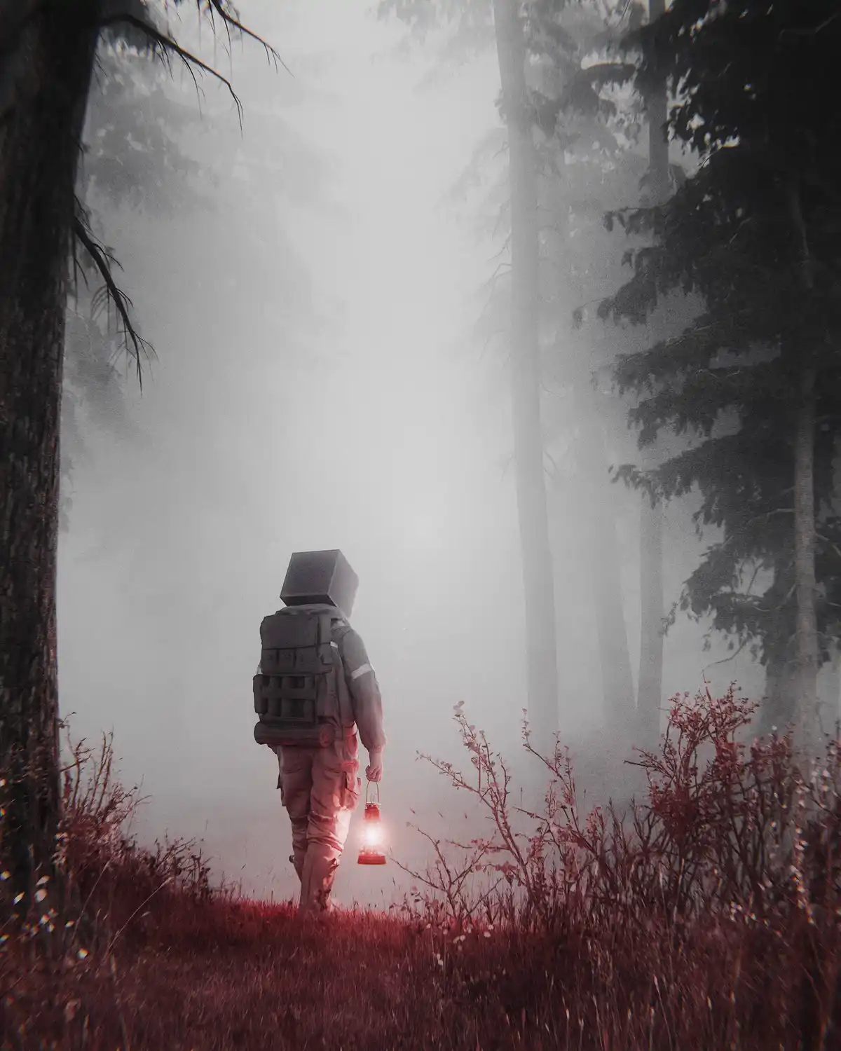 A person in a bulky, futuristic suit with a square, box-like head walks through a misty, eerie forest holding a glowing red…