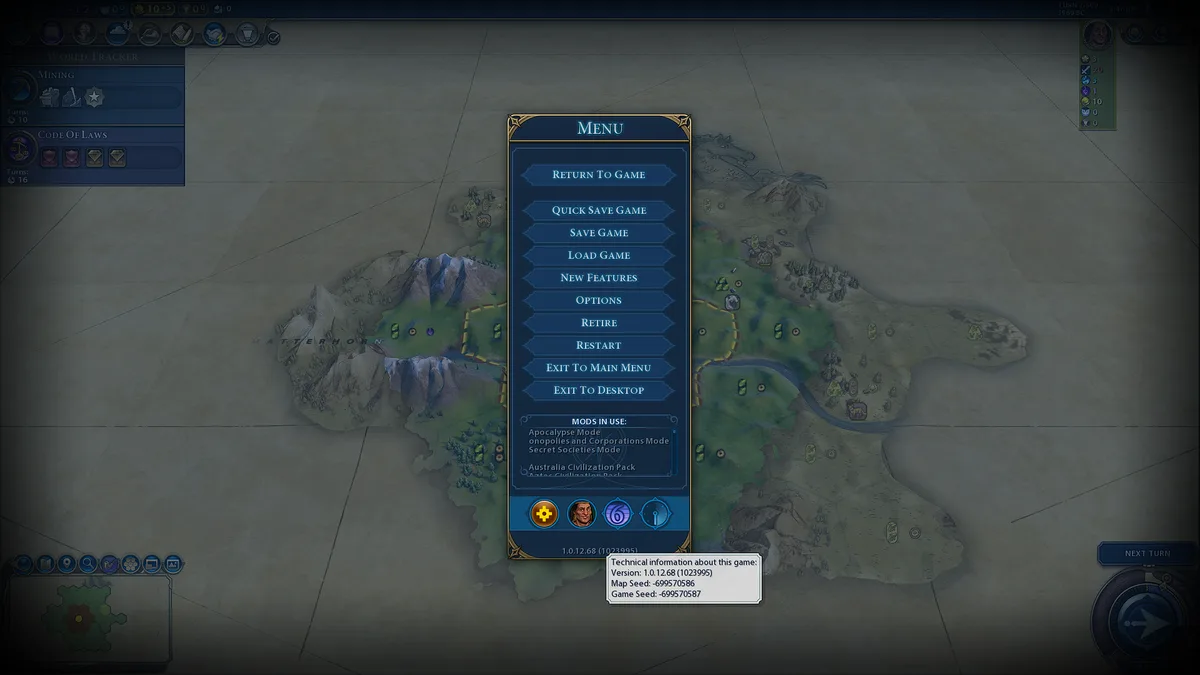 A screenshot from the strategy game Civilization VI shows the in-game menu overlaid on a map of the Matterhorn region. The…