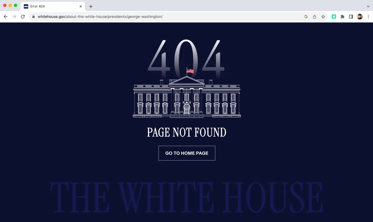 A screenshot of a web browser showing a 404 error page from whitehouse.gov, featuring a line drawing of the White House…