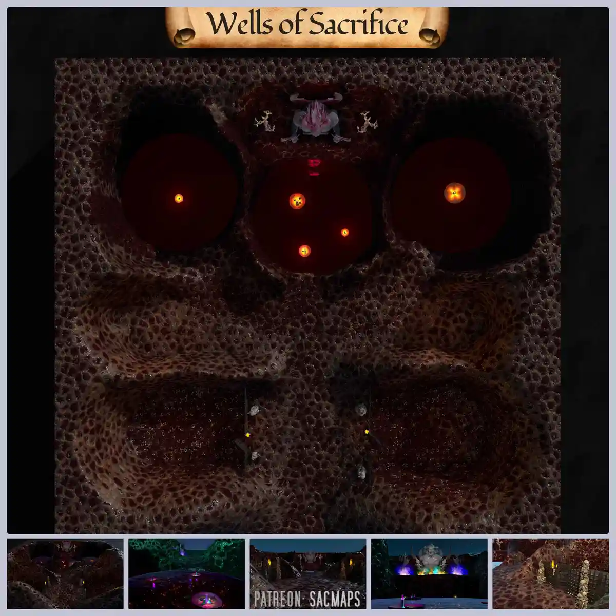 An overhead view of a dark, textured dungeon map titled 'Wells of Sacrifice' featuring three glowing red wells, a central…