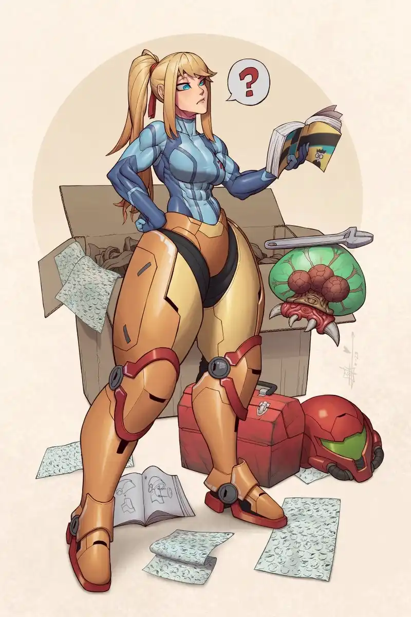 A female video game character in a blue and gold armored outfit stands amidst a mess of cardboard boxes, tools, and…