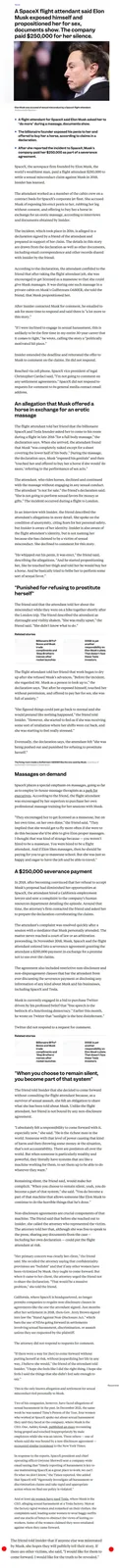 The image is a screenshot of a news article from Insider detailing an allegation that Elon Musk propositioned a SpaceX…