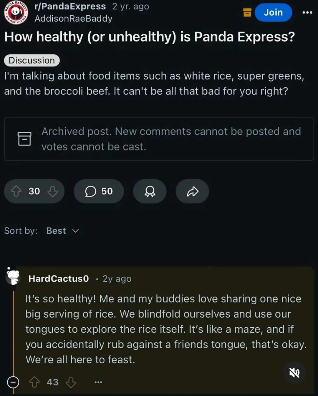 A screenshot of a Reddit comment from r/PandaExpress where a user named HardCactus0 humorously responds to a discussion…