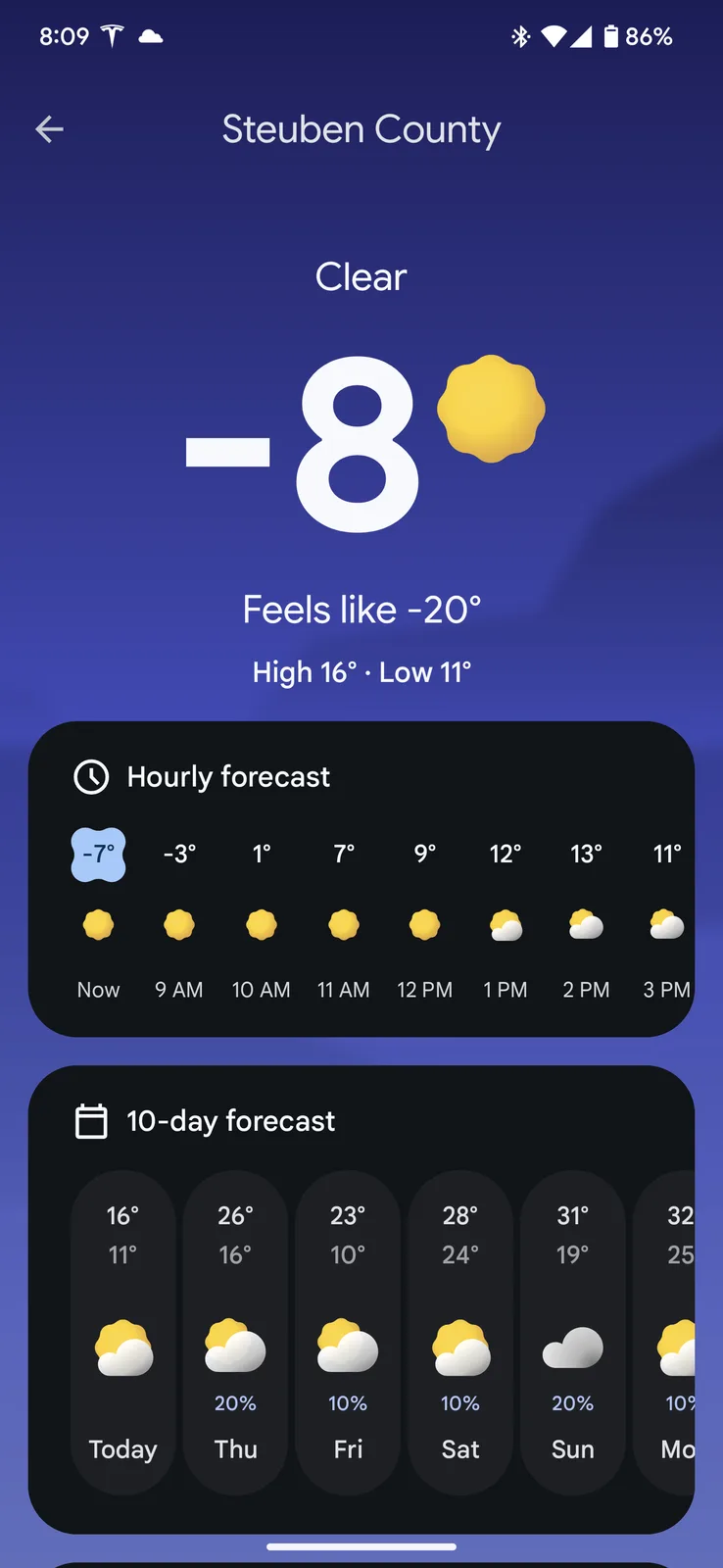 A smartphone weather app screenshot for Steuben County shows a current temperature of -8° with a 'Clear' sky and a 'Feels…