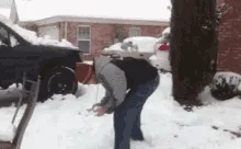 A sequence of six images shows a person shoveling snow from a driveway. Initially, they bend over to scoop snow, then stand…