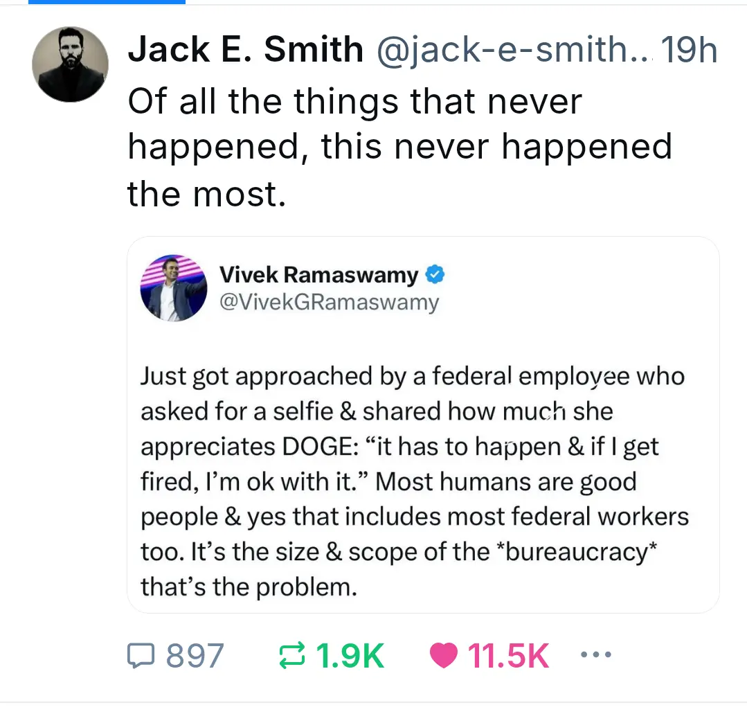 A screenshot of a Twitter thread where Jack E. Smith replies to Vivek Ramaswamy's tweet. Ramaswamy's tweet recounts being…