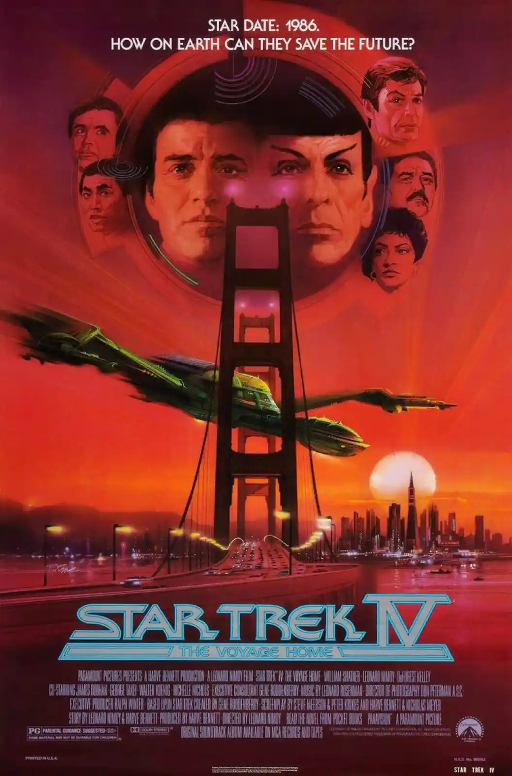 The movie poster for Star Trek IV: The Voyage Home features a spaceship flying through the Golden Gate Bridge at sunset…