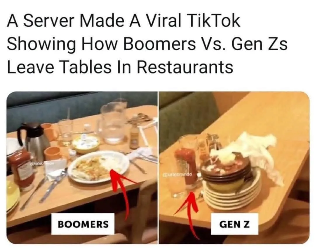 The image displays two side-by-side photos of restaurant tables. The left photo, labeled 'BOOMERS', shows a relatively tidy…