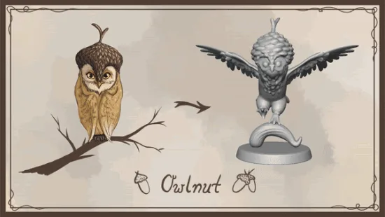 The image displays six panels arranged in two rows, each showing a stylized owl with an acorn for a head perched on a…