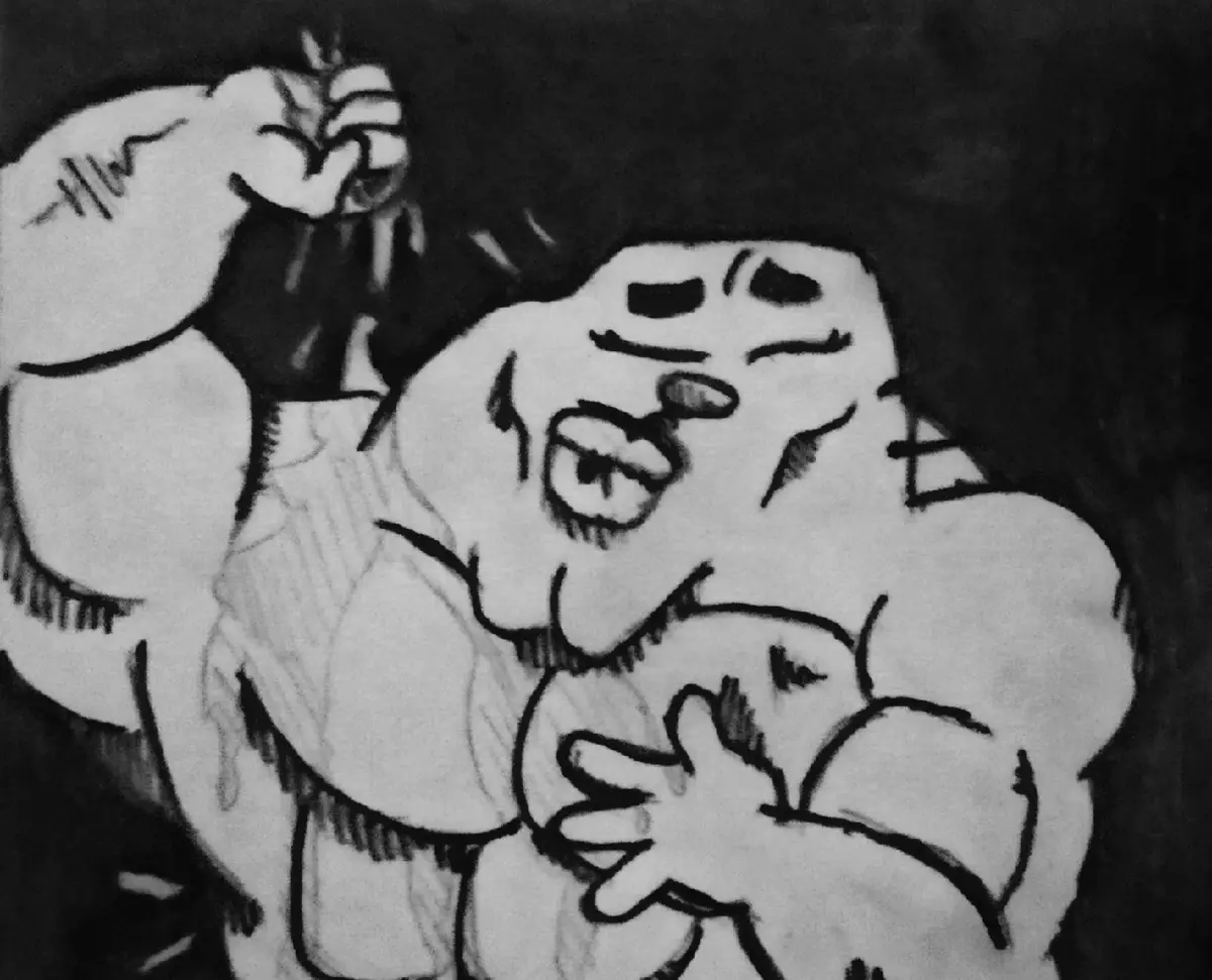 A black-and-white cartoon drawing shows a muscular, shirtless man with a distressed expression, eyes squeezed shut, mouth…