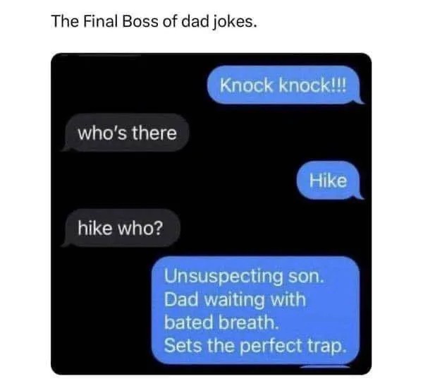 A screenshot of a text message conversation showing a dad joke setup: one person says 'Knock knock!!!', the other replies…