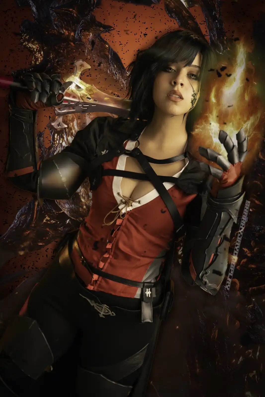 A person in a detailed cosplay of a fantasy warrior, wearing a red corset, black armor, and gloves, holds a glowing sword…