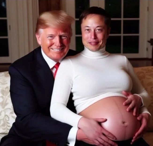 A photo shows Donald Trump smiling and embracing Elon Musk, who is wearing a white turtleneck and has a visibly pregnant…