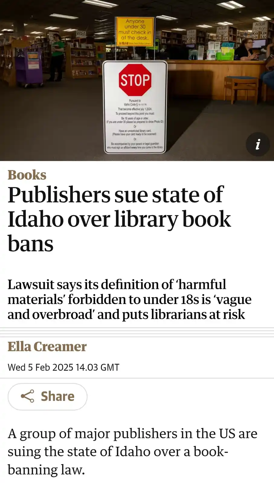 An image shows a library with a prominent red stop sign that reads 'Anyone under 30 must check in at the desk,' referencing…