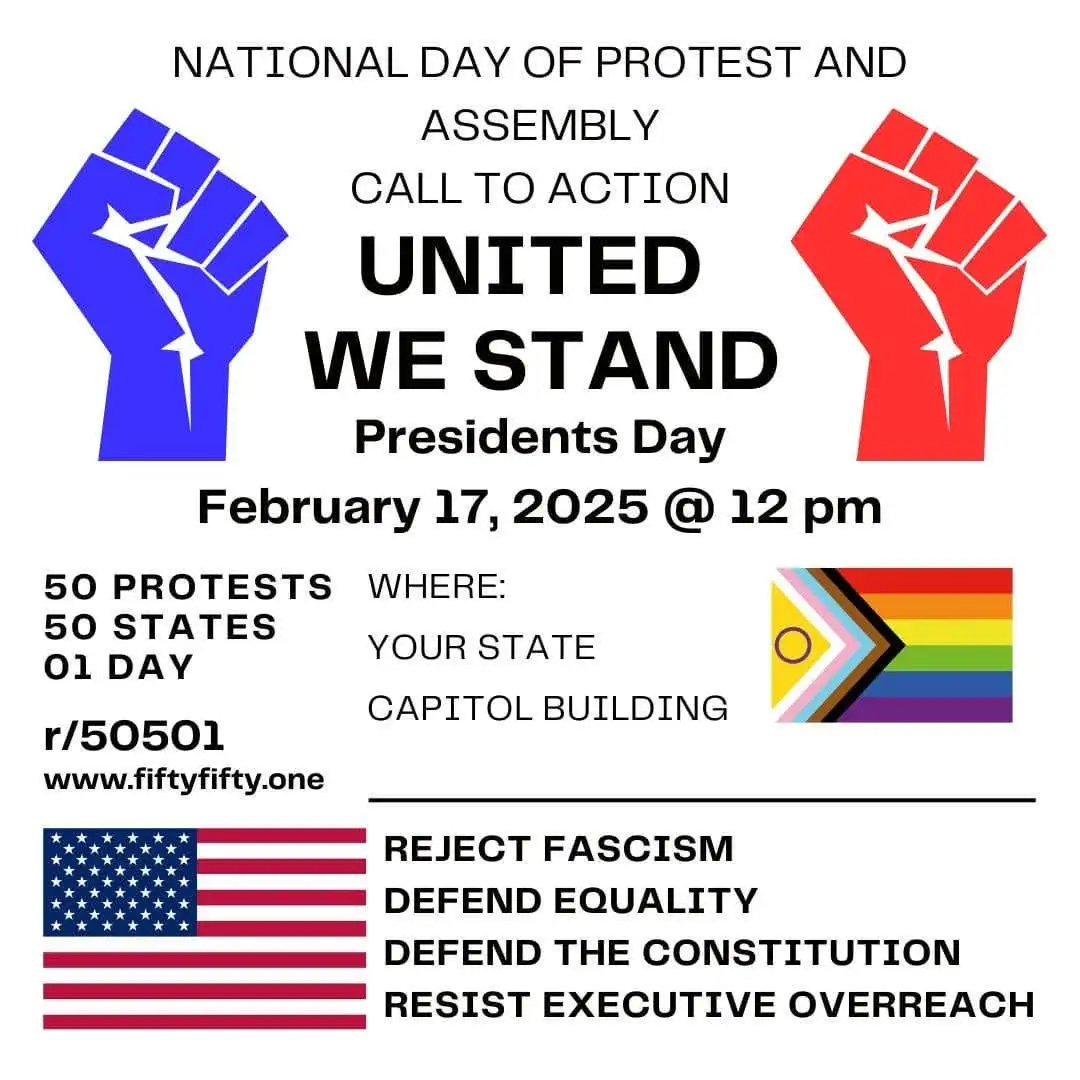 A protest flyer design features two raised fists, one blue and one red, flanking the slogan 'UNITED WE STAND'. It announces…