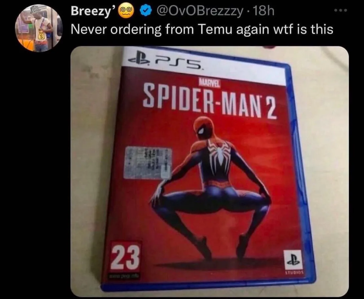 A photo of a PlayStation 5 game case for 'Marvel's Spider-Man 2' shows the character Spider-Man in a highly exaggerated…