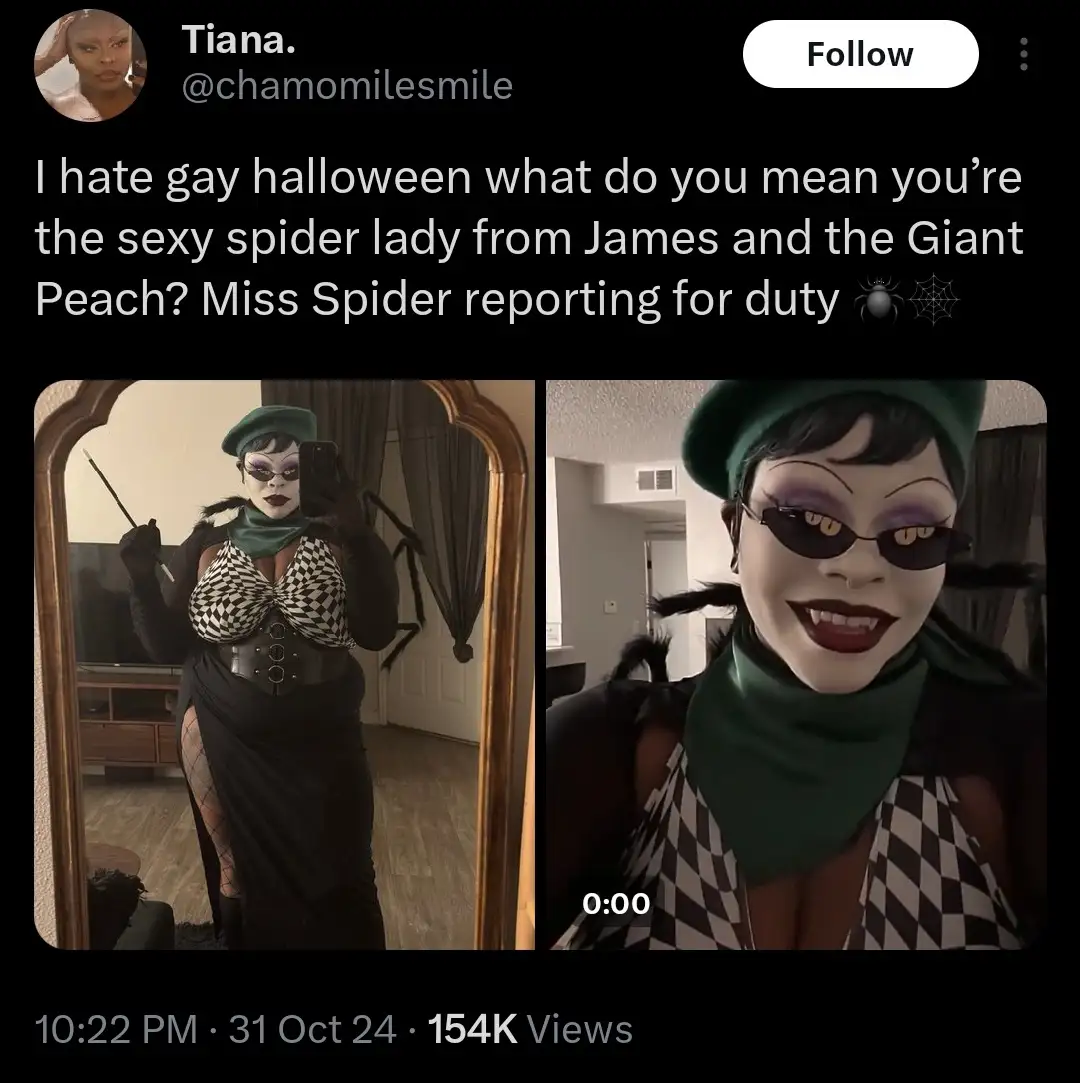 A person dressed as Miss Spider from James and the Giant Peach, wearing a green beret, black-and-white checkered top, green…