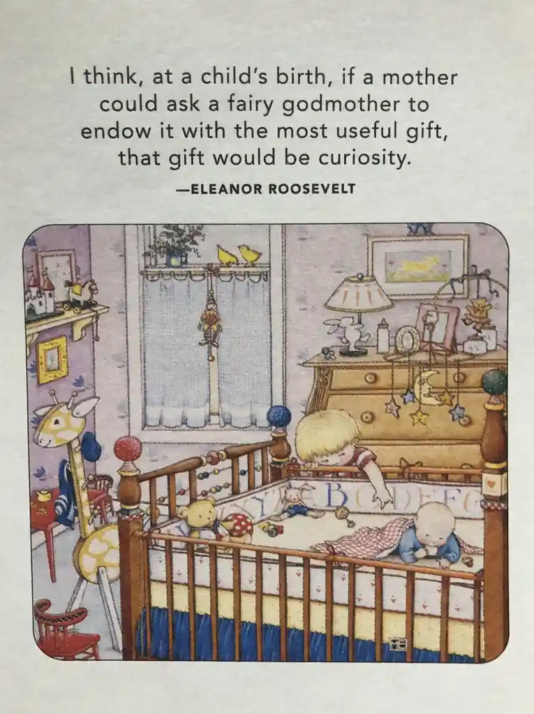 An illustrated image shows a child's bedroom with a wooden crib containing two babies. One baby is lying on its back, while…
