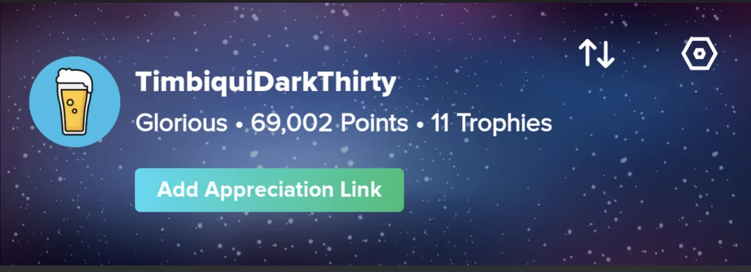A user profile card with a beer mug avatar, displaying the username 'TimbiquiDarkThirty', the title 'Glorious', 69,002…