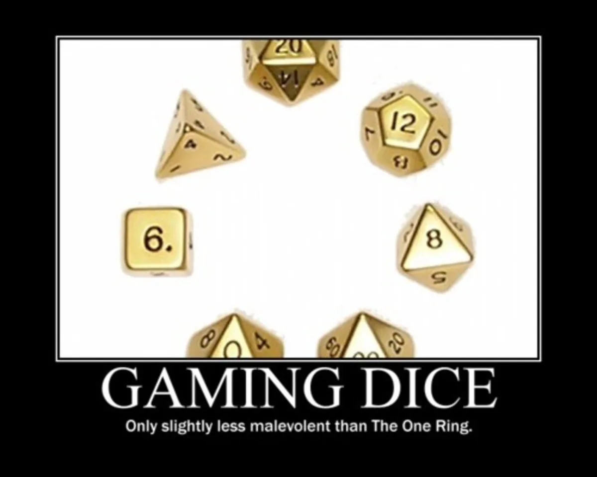 A collection of various golden polyhedral dice, commonly used in tabletop role-playing games, are shown suspended in mid-air…