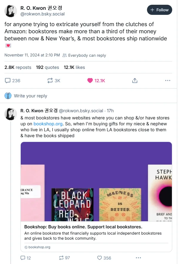 A screenshot of a social media post by R. O. Kwon showing a Bookshop.org advertisement. The ad displays several book covers…