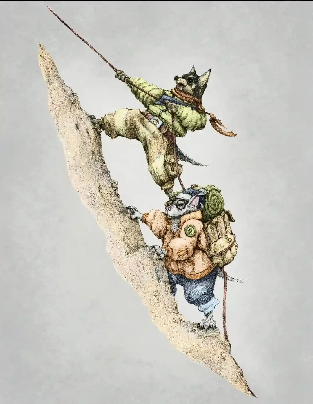 Two anthropomorphic animals, a dog-like creature above and a mouse-like creature below, are rappelling down a steep rock…