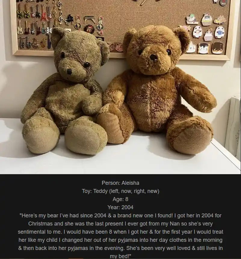 Two teddy bears sit side-by-side on a white surface, one older and worn, the other newer and fluffier, with a corkboard of…