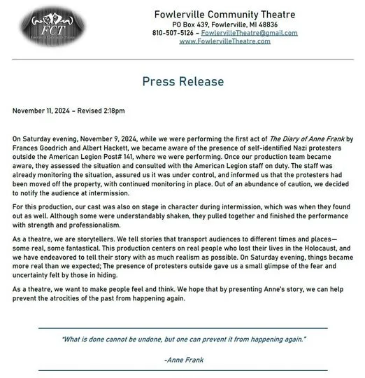 A press release from Fowlerville Community Theatre dated November 11, 2024, detailing how Nazi protesters were spotted…