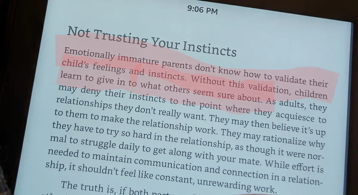 A close-up of a digital screen displaying a text passage titled 'Not Trusting Your Instincts,' with a section of the…