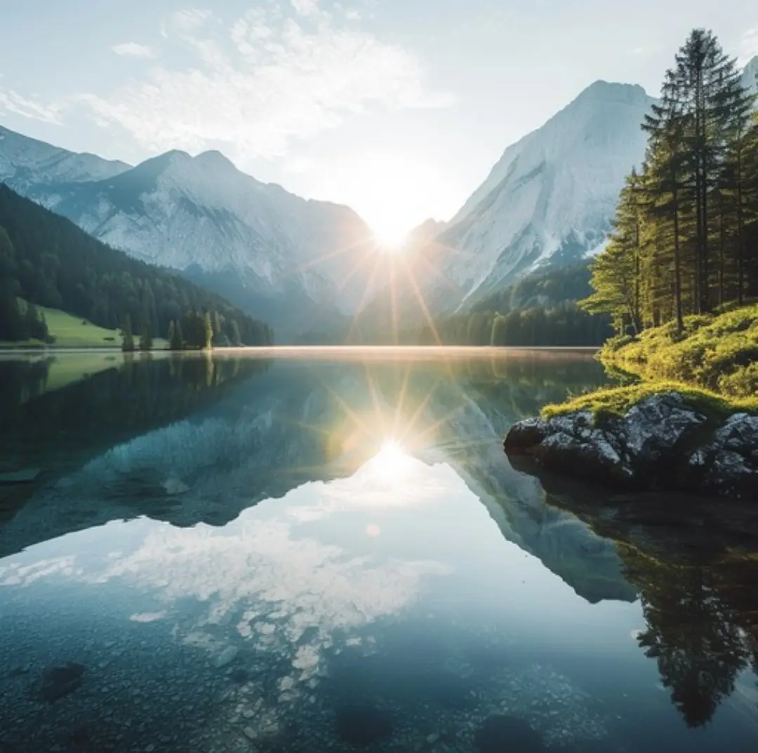 A serene mountain lake scene with snow-capped peaks, evergreen trees, and a bright sun creating a starburst effect over calm…