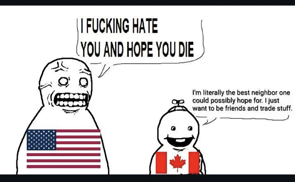 Two cartoon figures, one with an American flag on its chest and a screaming face, says 'I FUCING HATE YOU AND HOPE YOU DIE'…