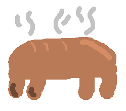 A simple cartoon drawing of a brown, sausage-like creature with four stubby legs and two small feet, emitting grey steam…